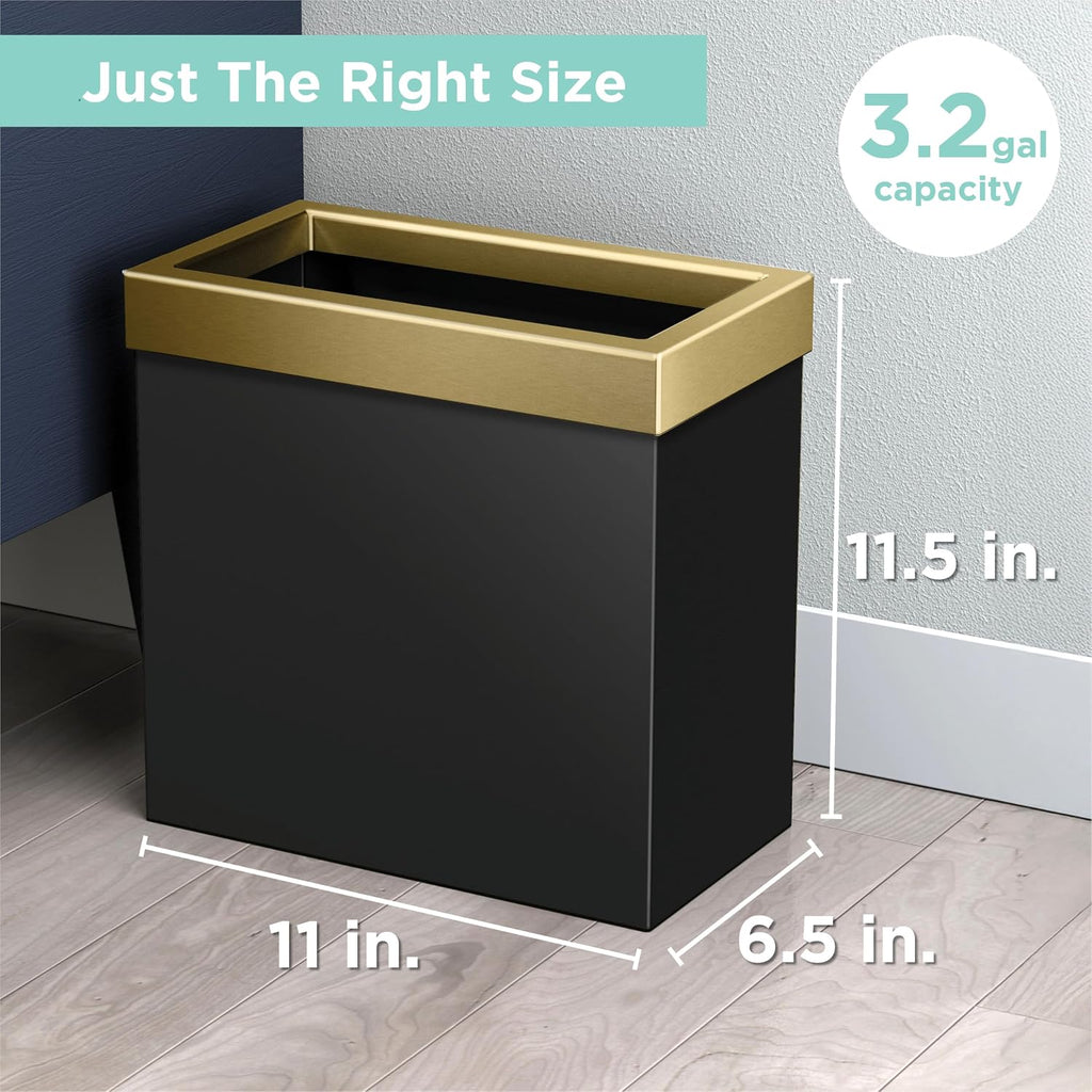 Gatco Small Bathroom Trash Can With Lid, Rectangle 3 Gallon Stainless Steel Wastebasket, Under Sink, Matte Black And Brushed Brass, For Bathroom, Bedroom, Office (1938)