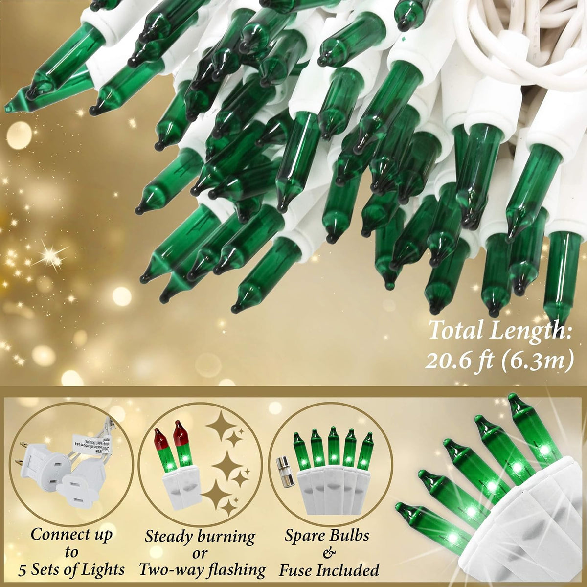Holiday Essence 100 Green Christmas St. Patrick's Day Light Set, 20.6 Feet White Wire Indoor Outdoor