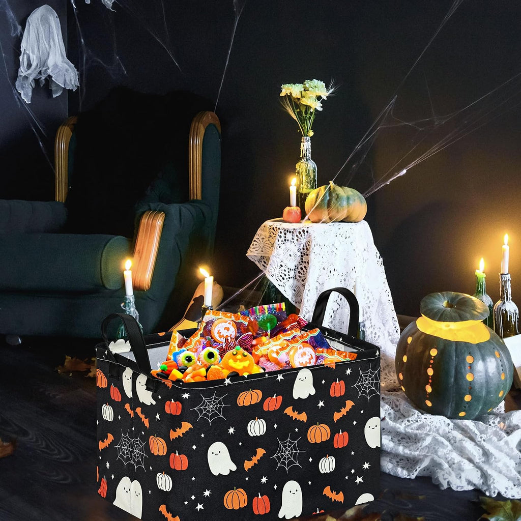 Halloween Storage Basket, Black Ghost Pumpkin Cotton Linen Blend Organizer Bin with Handles, Foldable Rectangular Shelf Basket for Toys, Clothes, Laundry, Bedroom, Gift Basket, Party Decor