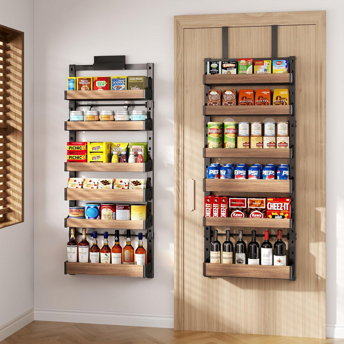6-Tier Over The Door Pantry Organizer, Heavy-Duty Metal Wall Mount or Hanging Spice Rack, behind the door storage Shelves with Adjustable Basket, Back of Door Organizer for Kitchen Cabinet and Closet
