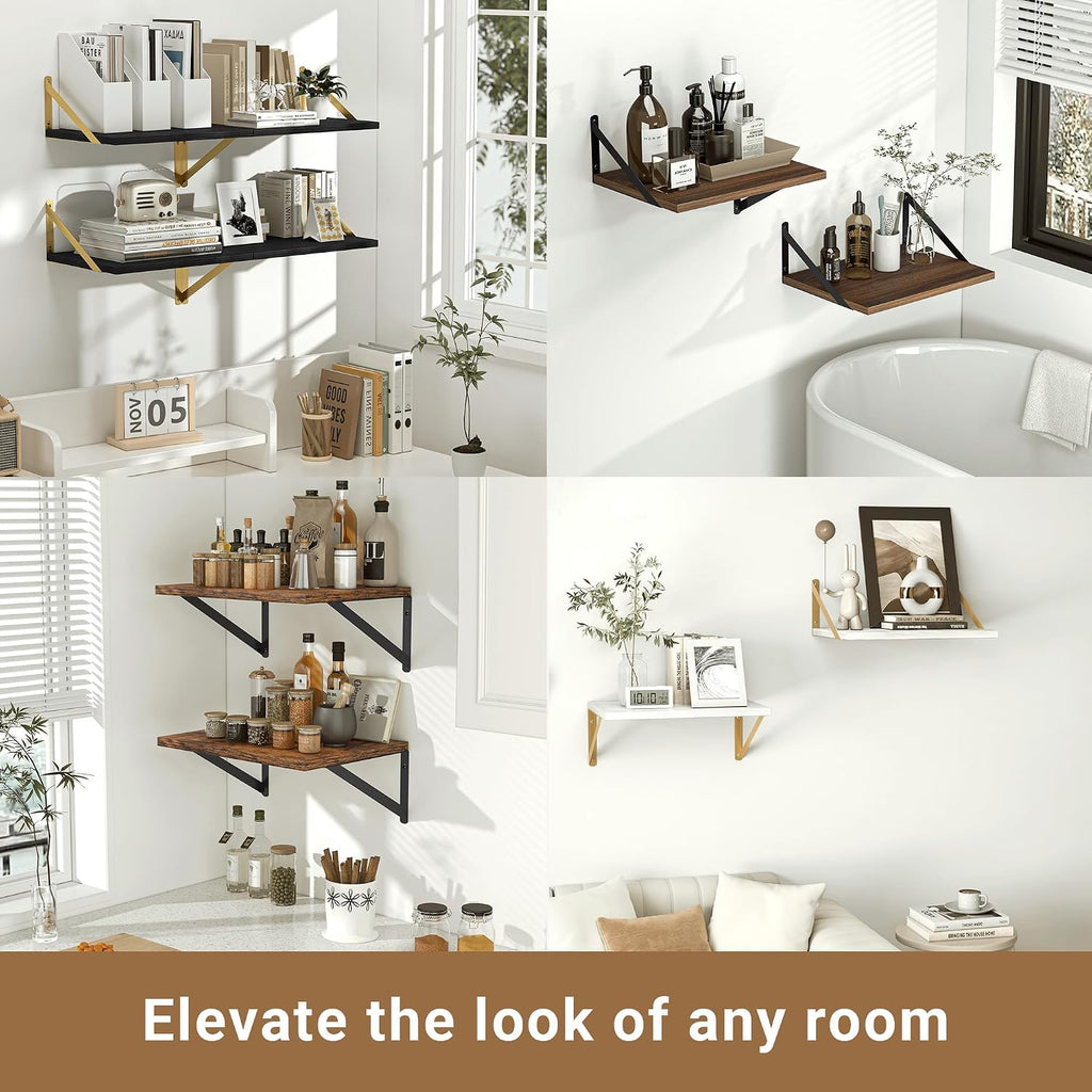 Heimlove 12 Inch Deep White Floating Shelves for Wall，Wood Floating Shelves 16" W x 12" D Set of 2，Wall Mounted Shelves for Living Room, Bedroom, Kitchen, Bathroom and Decor Storage,Gold Bracket