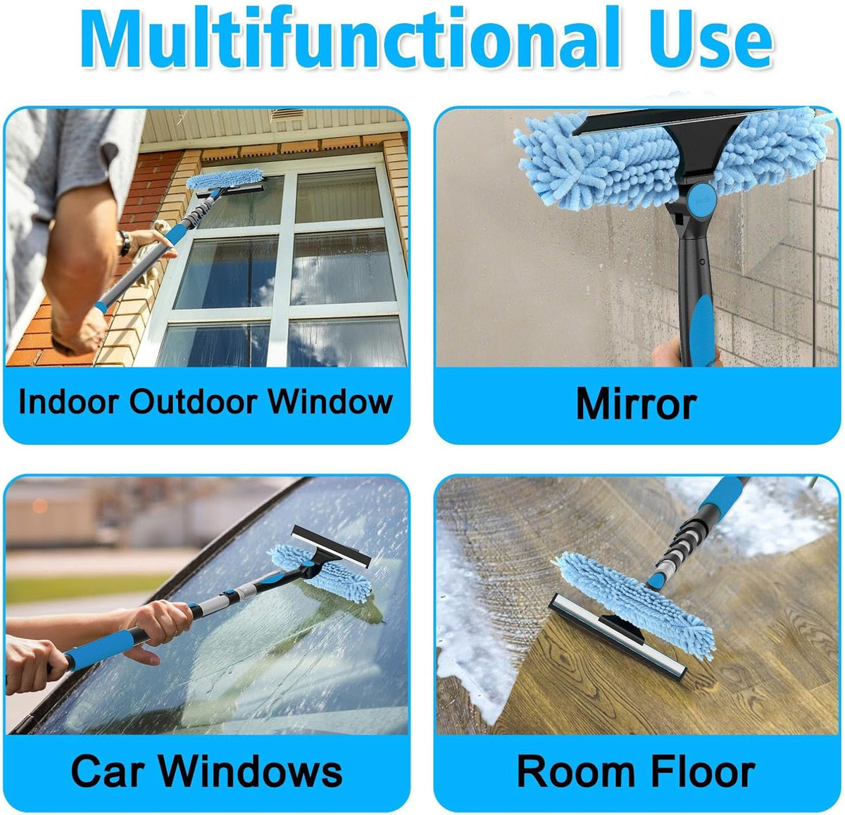 30FT Reach Window Squeegee Kit with Extension Pole, 2-in-1 Professional Washer for High Windows, 5-24FT Adjustable Reach, Rotatable Head for Indoor & Outdoor Use, Streak-Free Cleaning Tool for Home