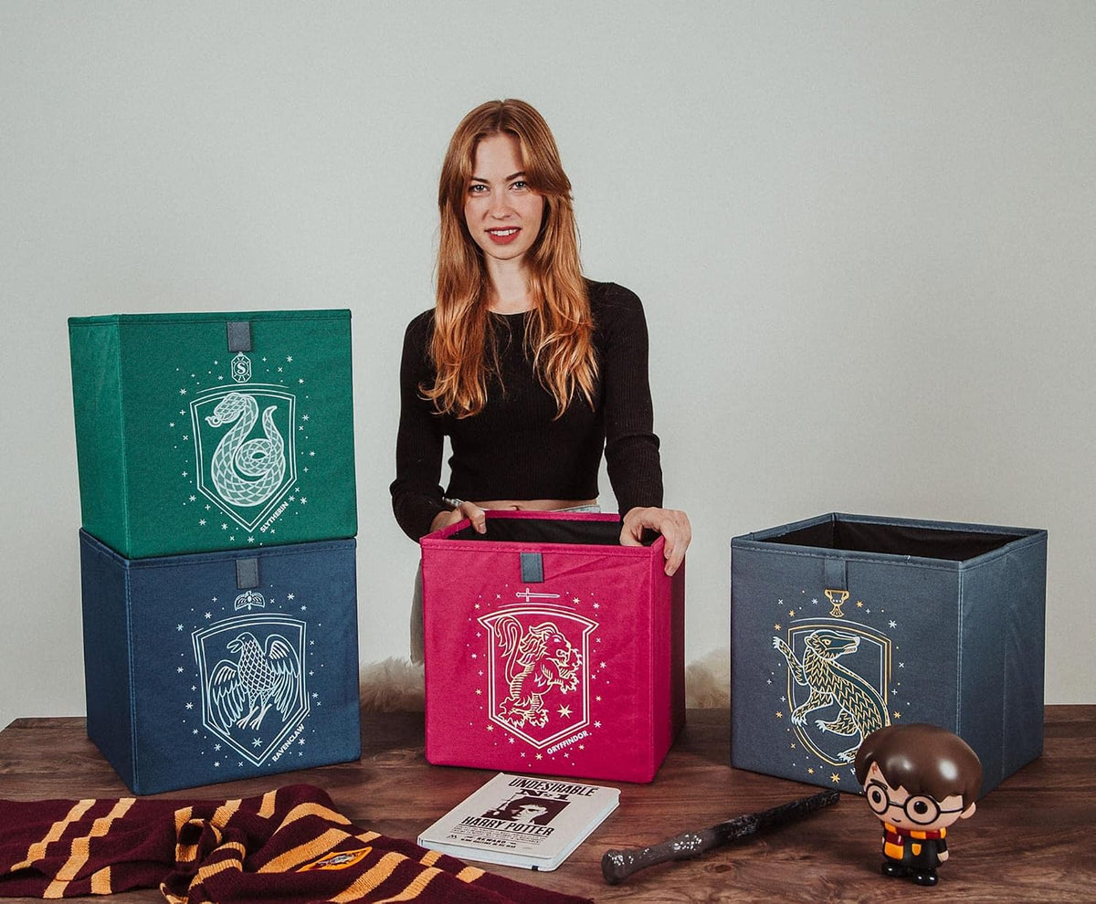 Ukonic Harry Potter Hogwarts Houses 11-Inch Storage Bin Cube Organizers, Set of 4 | Fabric Basket Container, Cubby Cube Closet Organizer | Wizarding World Gifts And Collectibles