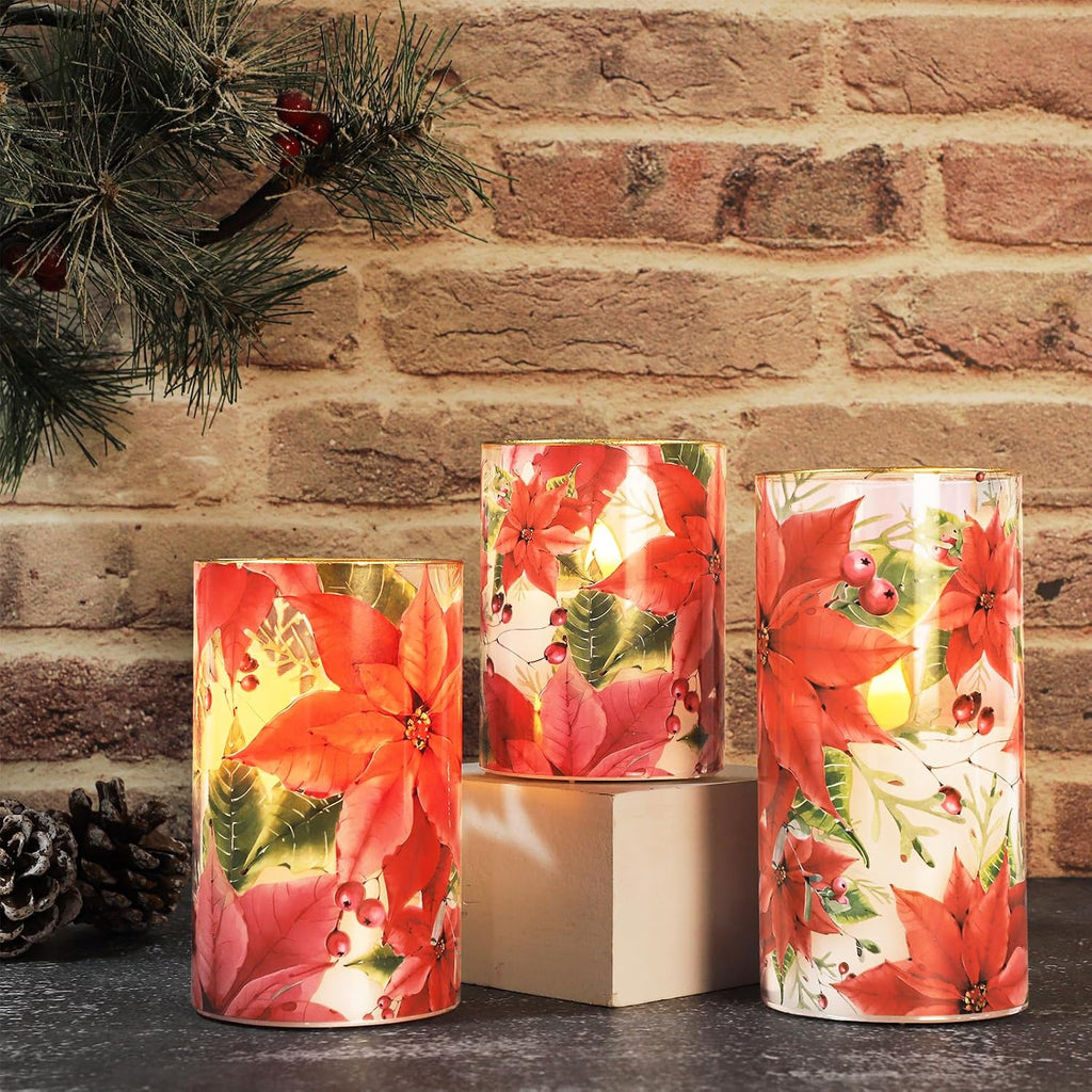 Crystal Club Red Poinsettia Christmas Flameless Candles with Remote
