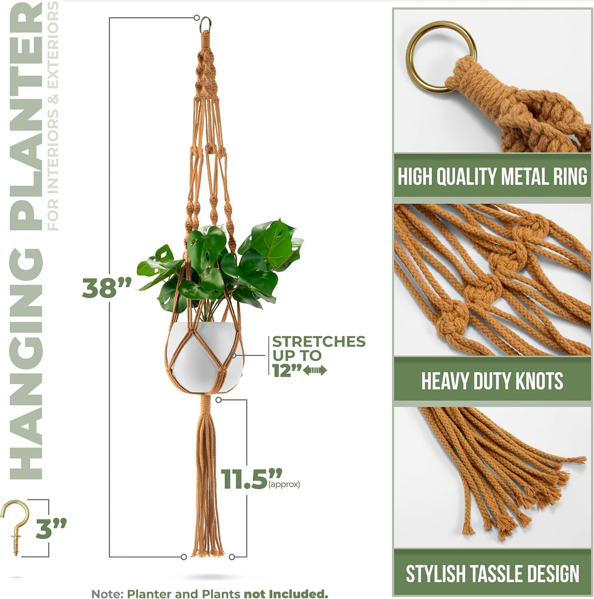 Sorbus Macrame Plant Hanger (6 Pack) Indoor Outdoor Hanging Plant Pots Cotton Rope, Elegant for Home, Patio, Garden (Brown)