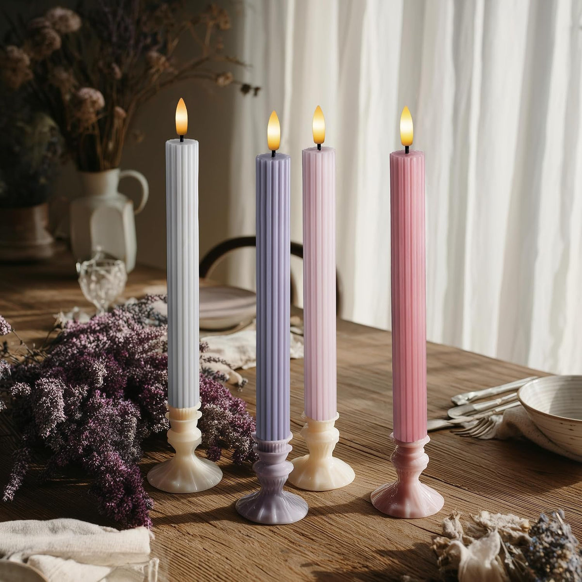 Coordinated Dusty Mauve Pinkish Lilac 4 Pack, 10" Real Wax LED Flameless Fluted Ribbed Grooved Taper Candles, Remote & Timer Memory, On/Off Button, Dimmable, Battery Operated, Menorah Wedding