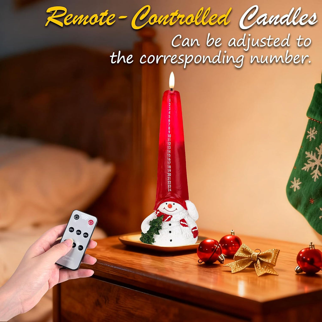 Flameless Christmas Countdown Candles with Remote, 3D Flickering Flame Snowman Battery Operated LED Advent Calendar Candle, 24-Day Automatic Countdown Electronic Candle, Christmas Decoration for Home