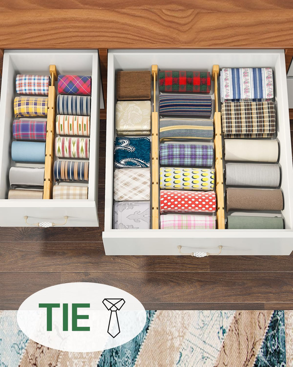 kiplant Bamboo Drawer Dividers - Adjustable Drawer Dividers for Kitchen, Clothes, Closet & Office - 8 Pack with Inserts, 13.8-18.8 Inches, Non-Slip Silicone Ends