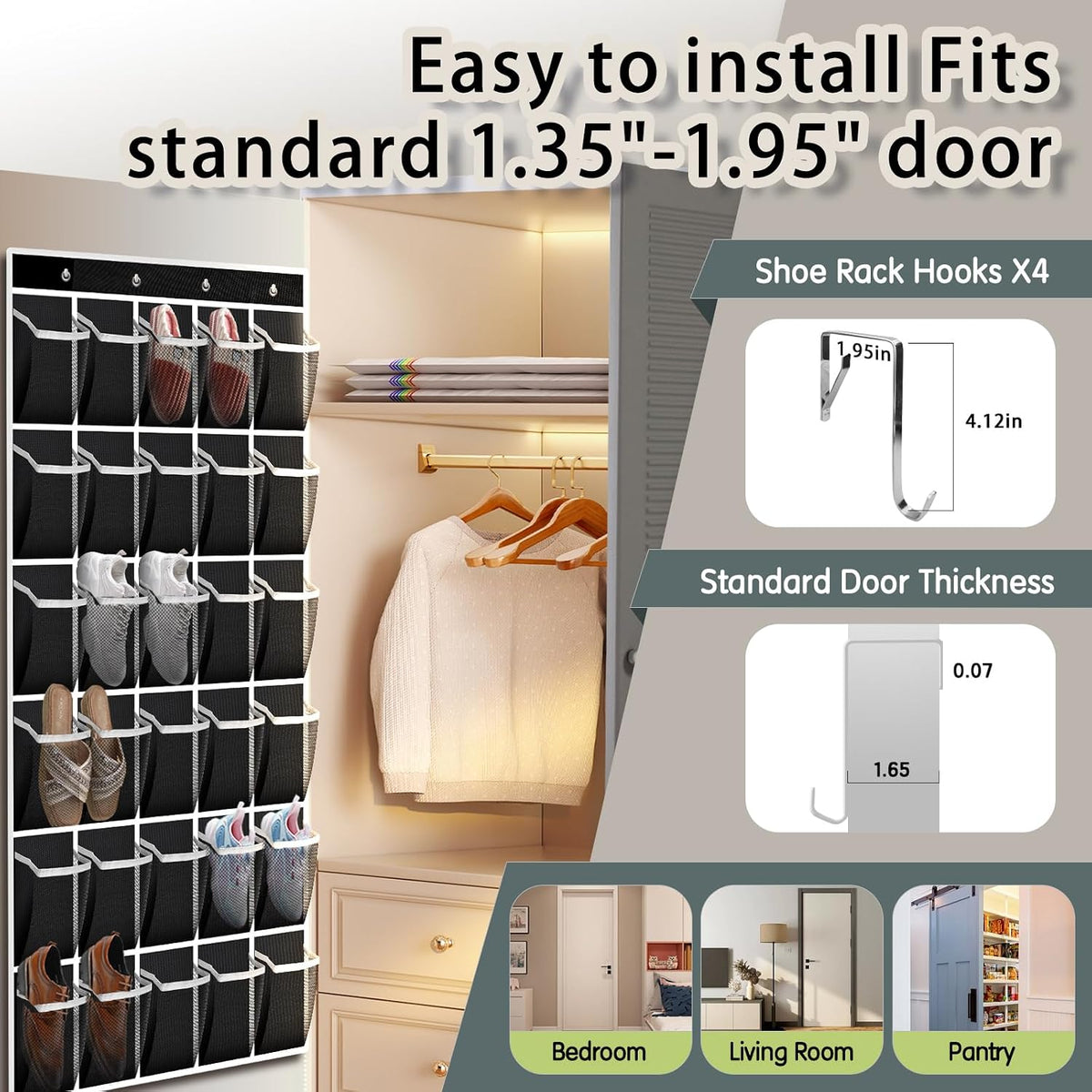 Kotkn Over the Door Shoe Organizer with 30 Breathable Mesh Pockets - Large Capacity Closet Storage for Men & Women, Hanging Shoe Rack Organizer (Solid black)