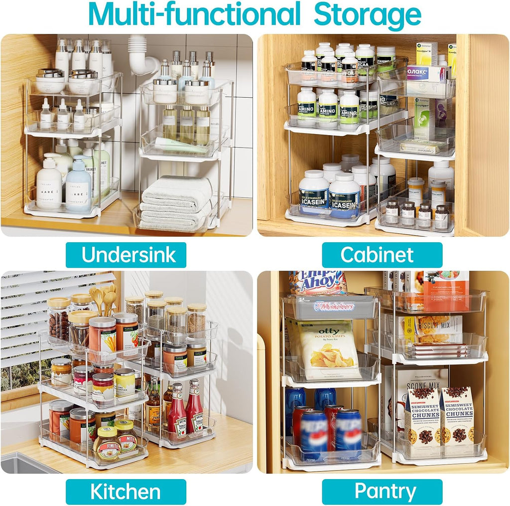 Delamu 2 Sets of 3-Tier Bathroom Under Sink Organizers and Storage, Multi-Purpose Stackable Pantry Organization and Storage, Pull Out Clear Kitchen Bathroom Cabinet Organizer with Movable Dividers