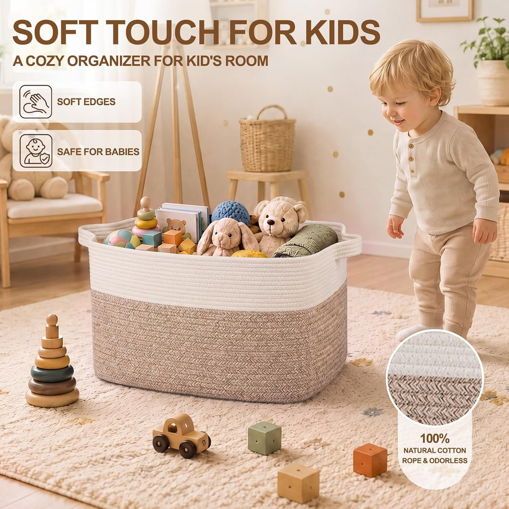 Extra Large Laundry Basket, 95L Blanket Basket for Living Room, Cotton Rope Toy Storage for Kids, Woven Baskets for Clothes, Towels, Pillows, 24" x 17" x 14", Brown and White