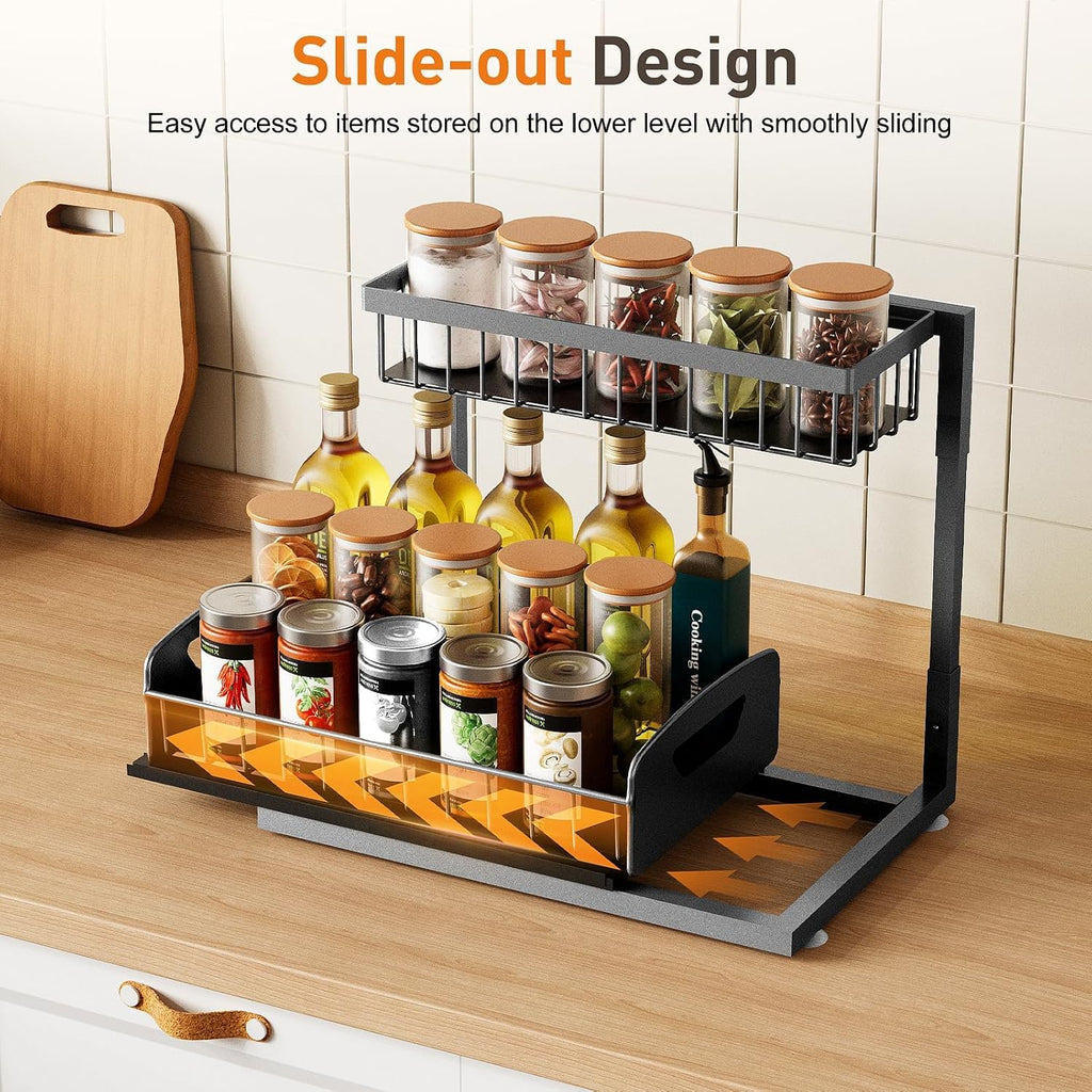 Under Kitchen Sink Organizer, Metal Pull Out Bathroom Organizers and Storage, 2-Tier Cabinet Organizer Shelf with Sliding Drawer, Home Organization for Kitchen, Laundry, Pantry, Dark Grey, 2 pack