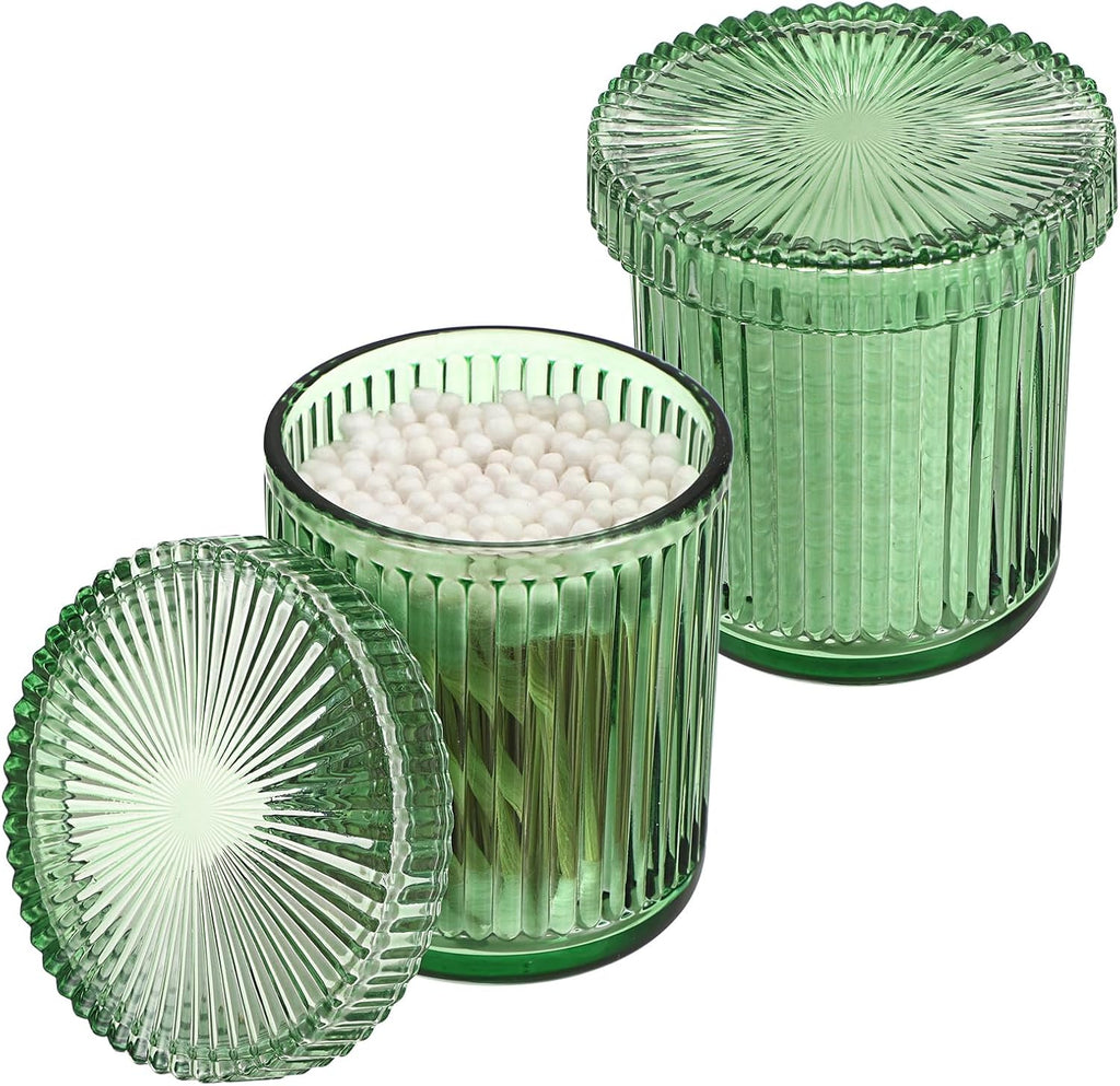 Hipiwe 2 Pcs Qtip Apothecary Jars with Lid Green Glass Bathroom Dispenser