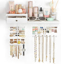 VINAEMO Jewelry Organizer Hanging Wall Mounted Jewelry Holder with Rustic Wood Drawer & Large Capacity Storage Shelf Rack Display for Earrings Rings Necklaces Bracelet(White Iron)