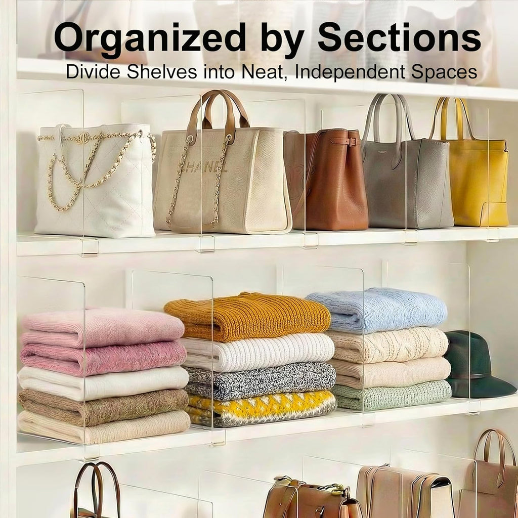 Purse Organizer for Closet Shelf Dividers: 11-inch Tall (Higher Version) Adjustable Clear Acrylic Bag Storage Organizer for Handbags, Sweaters, Towels, Jeans and Shoes on Wood Shelves 8-Pack
