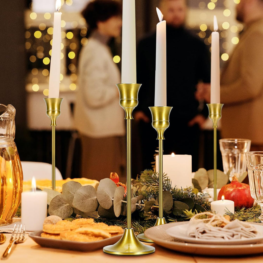 Metal Brass Gold Taper Candlestick Holders Set of 6, Wine‑Glass Shaped Candle Stick Holder with 3 Assorted Heights, Elegant Table Centerpiece Decor for Wedding Christmas Fireplace