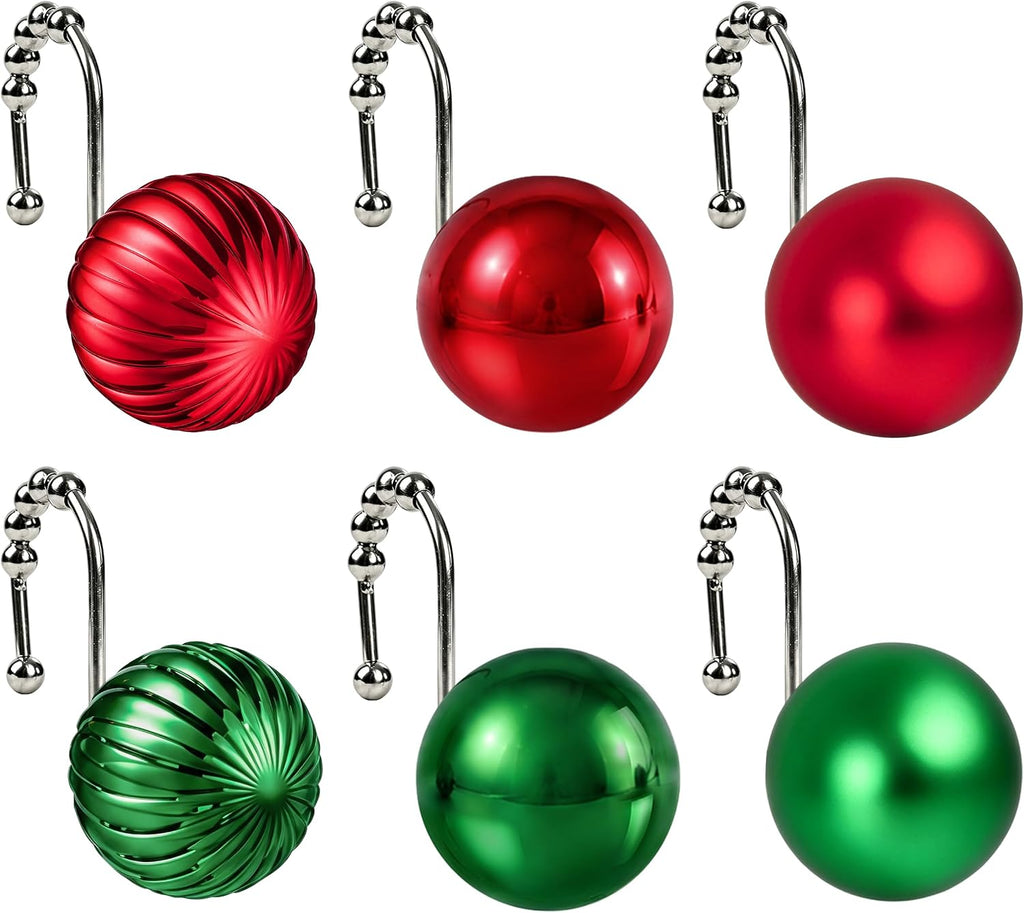 Sunlit Christmas Balls Decorative Shower Curtain Hooks, Shower Curtain Rings with Roller Balls, Xmas Theme Winter Holiday Bathroom Decoration, Set of 12, Red and Green