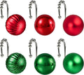 Sunlit Christmas Balls Decorative Shower Curtain Hooks, Shower Curtain Rings with Roller Balls, Xmas Theme Winter Holiday Bathroom Decoration, Set of 12, Red and Green