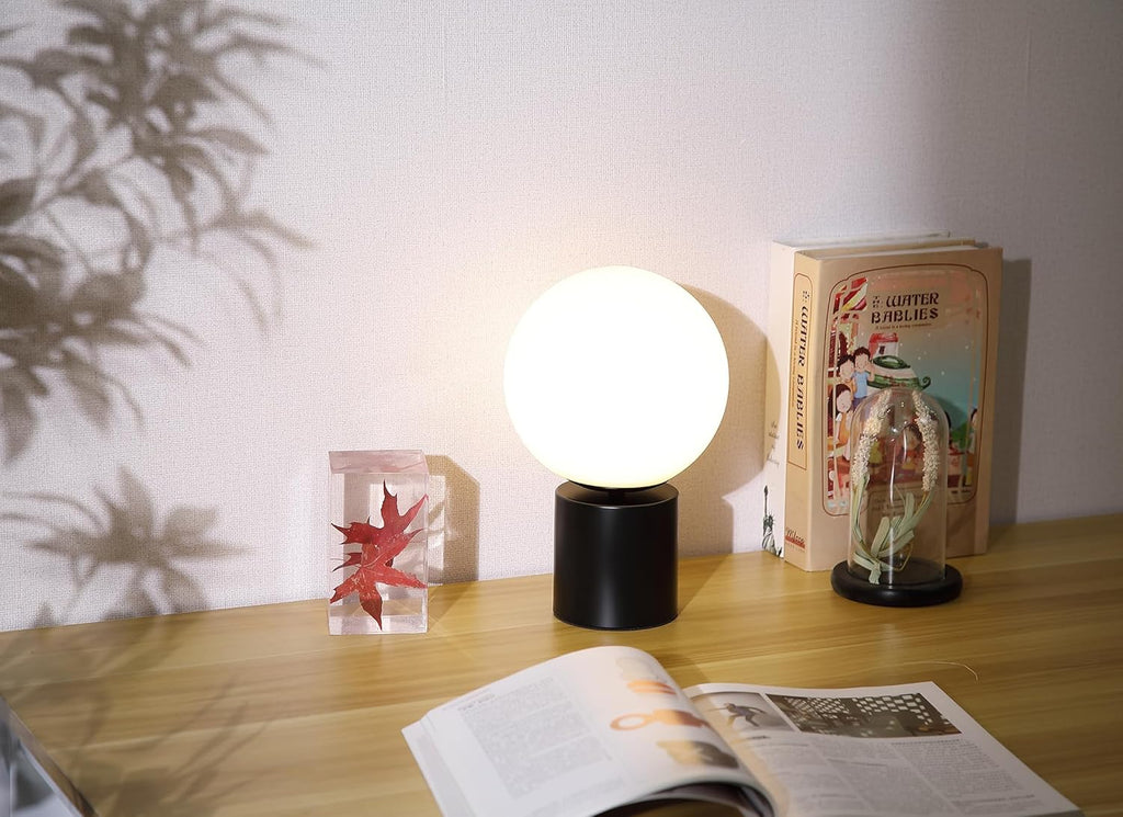 11 Inch Mid Century Modern Table Lamp, Black Bedside Lamp with White Glass Globe Shade, Metal Base Small Nightstand Lamp for Bedroom Kitchen Living Room End Table, Bulb Included