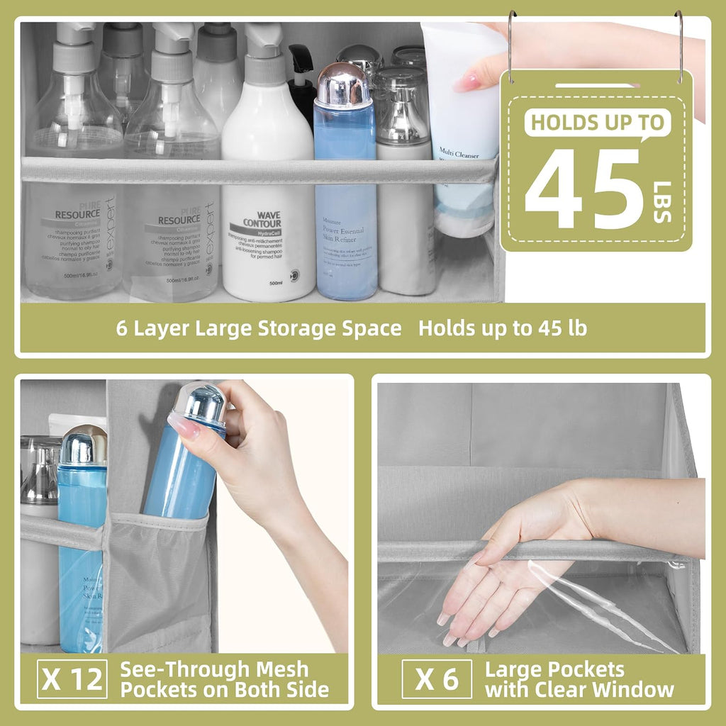Over Door Organizer with 6 Extra Large Pockets and 12 Side Pockets, Large Capacity Hanging Storage Organizer with Clear Window for Shoes, Diapers, Grey, 6 Layers, 2-Pack