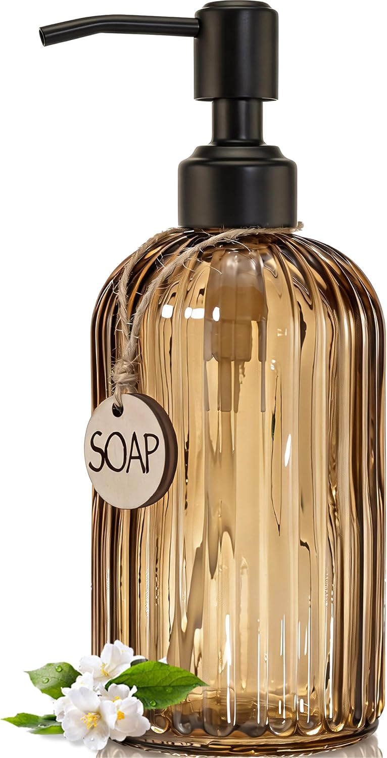 JASAI 18Oz Amber Glass Soap Dispenser with Black Pump for Hand Soap