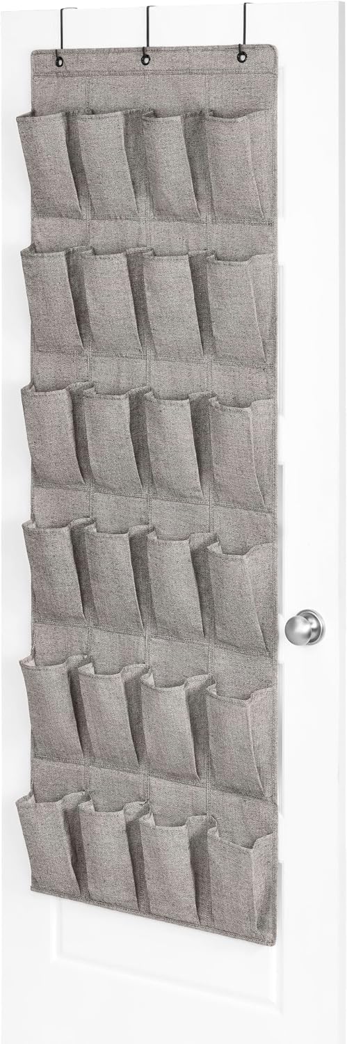 Whitmor 24 Pocket Over The Door Shoe Organizer, 64" x 22", Heavy-Duty Metal Hooks, Multipurpose Storage, Gray
