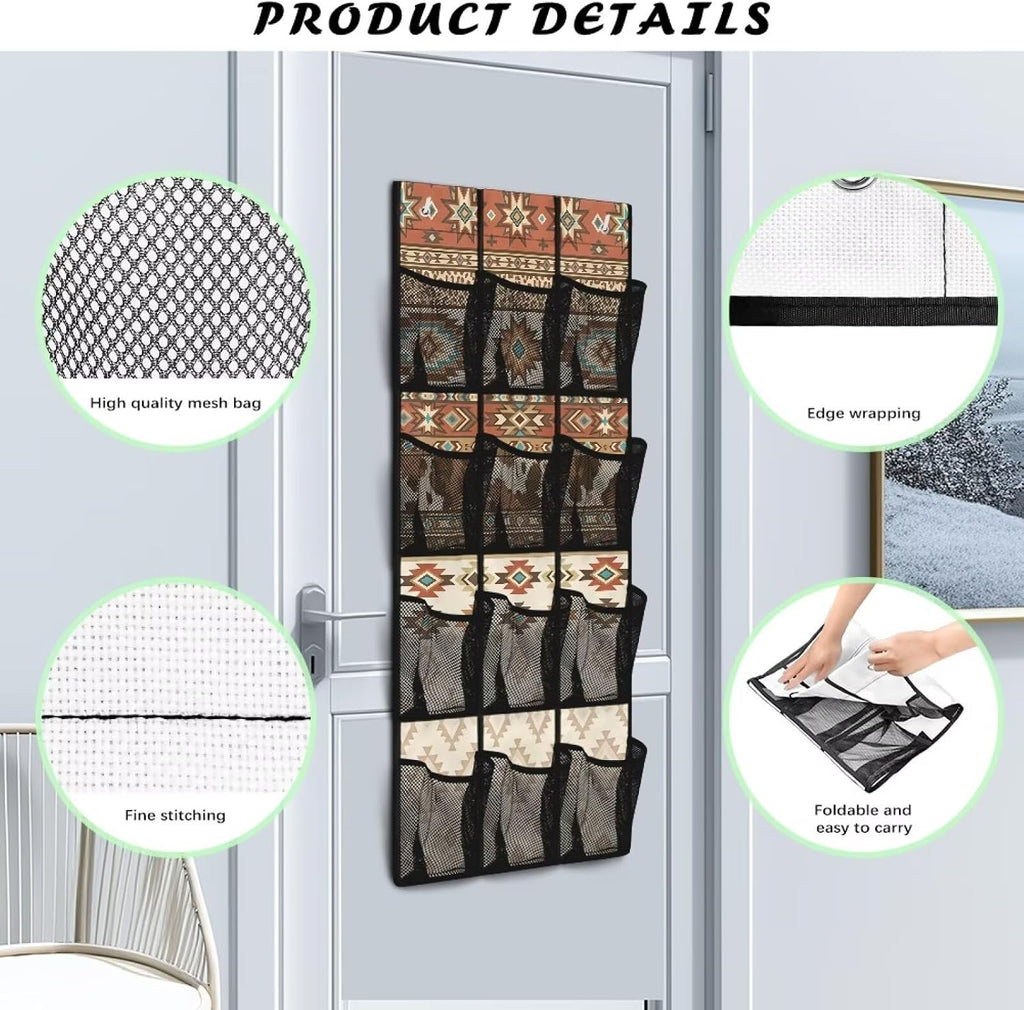 Aztec Tribal Pattern Hanging Shoe Organizer,Shoe Organizer Door Hanger with 12 Mesh Large Pockets,Behind Door Shoes Hang Holder Rack
