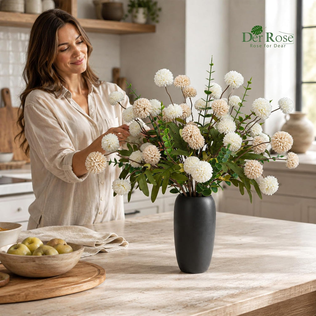Der Rose Fake Flowers in Ceramic Vase, 18Pcs White Blooms for Spring Decor