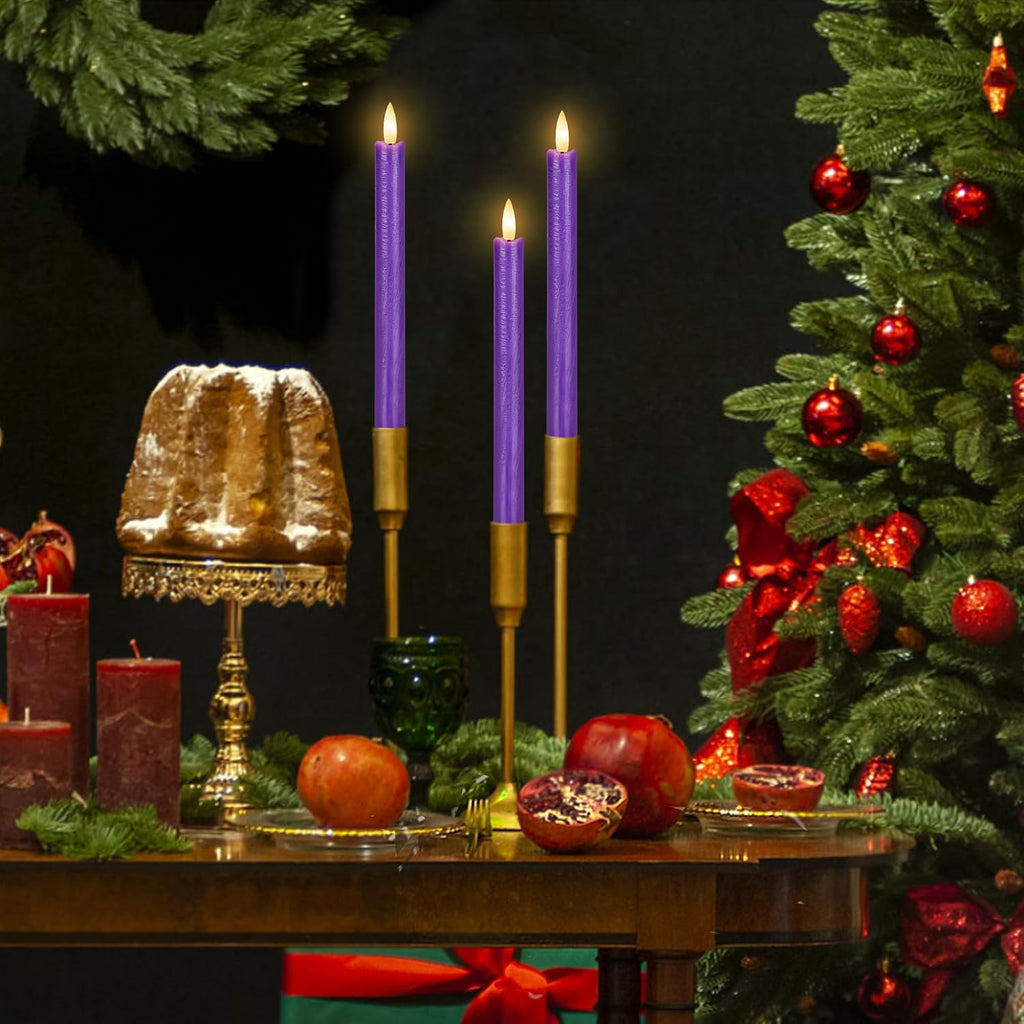 Purple LED Flameless Taper Candles, 6 Pack Real Wax Flickering Candlesticks with 10-Key Remote, Battery Operated Tall Taper Candles for Home, Wedding, and Party Decor
