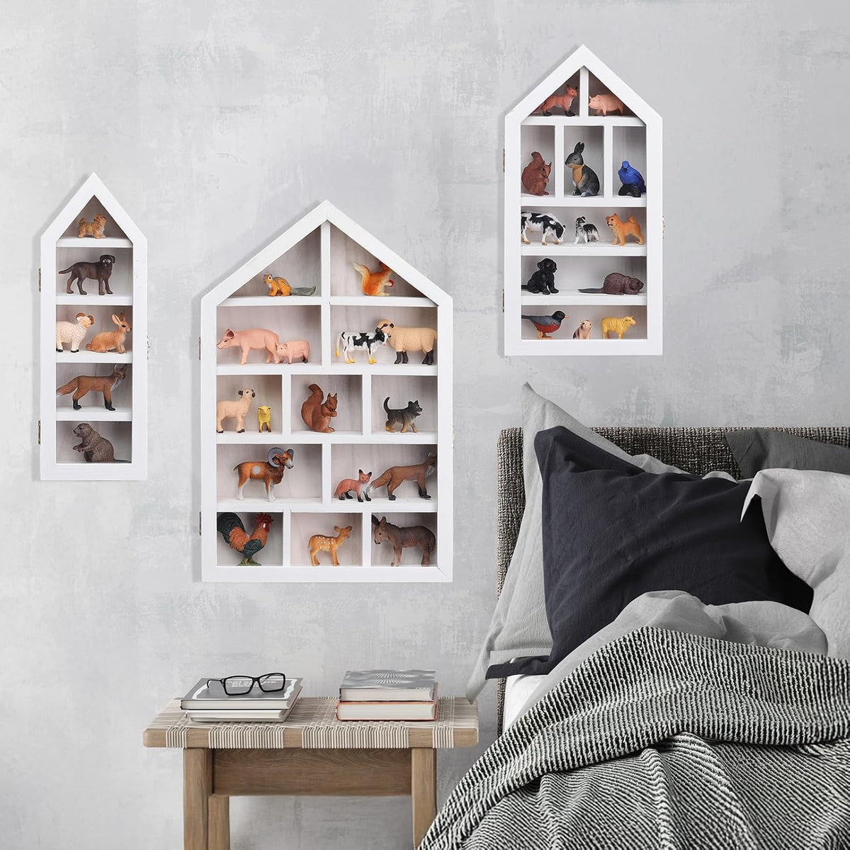 DoubleFill 3 Pcs Trinket Shelf Shadow Box, White, House Shape