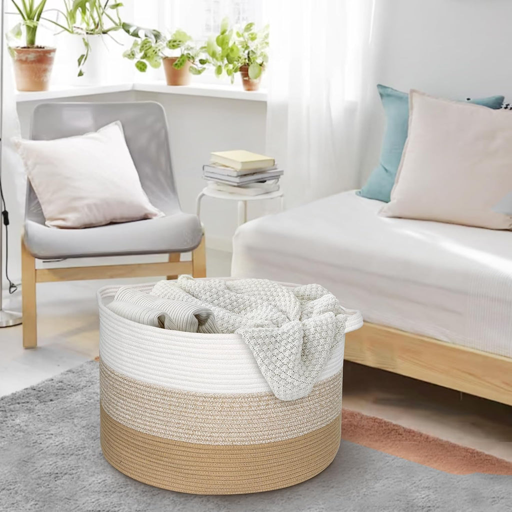 MEGASKET Extra Large Storage Basket, 22” X 22” X 14” Blanket Basket Living Room, Kids Toy Box Organizer, Woven Cotton Rope Baskets for Storage, Soft Dog Toy Bin, Wicker Pillow Blanket Holder