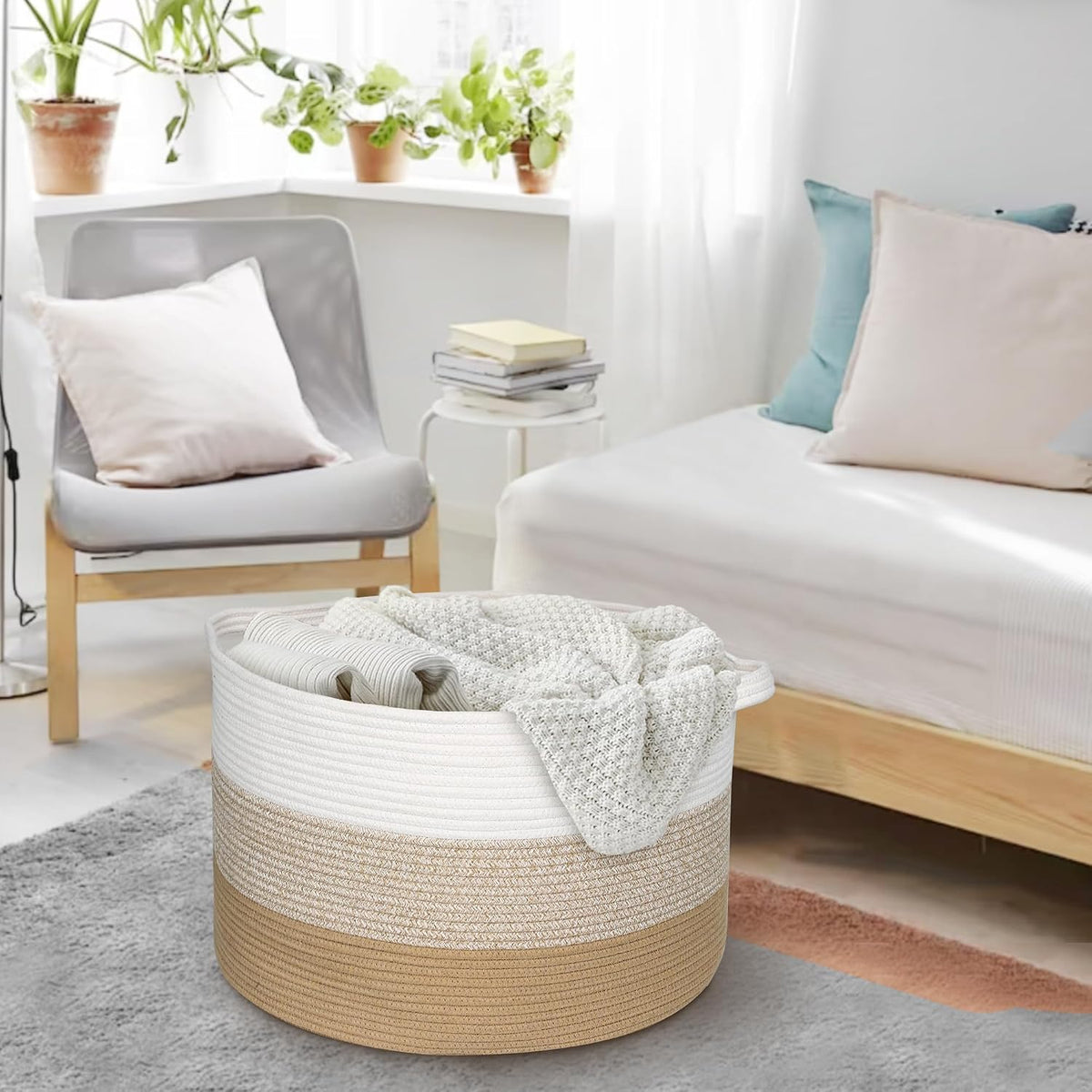 MEGASKET Extra Large Storage Basket, 22” X 22” X 14” Blanket Basket Living Room, Kids Toy Box Organizer, Woven Cotton Rope Baskets for Storage, Soft Dog Toy Bin, Wicker Pillow Blanket Holder