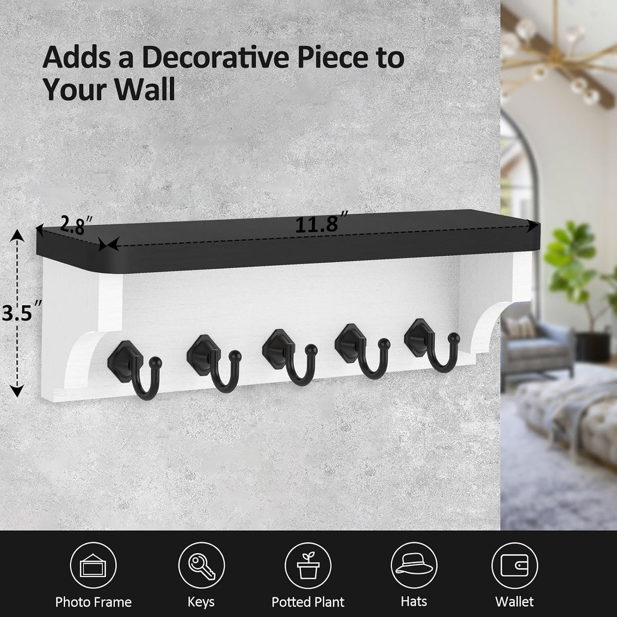 Nekon Key Holder for Wall, 11.8" W x 3.5" H x 2.8" D Wall Shelf, Black
