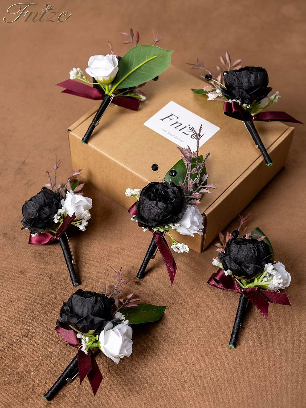 Fnize Boutonniere for Men Set of 6 Groom Groomsmen Wedding, Black & White