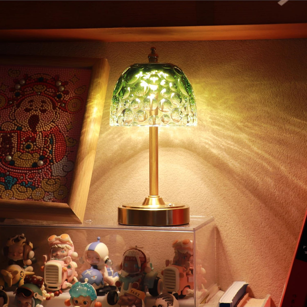 Cordless Rechargeable Table Lamp, Vintage Art Glass Shade, Dimmable, Green