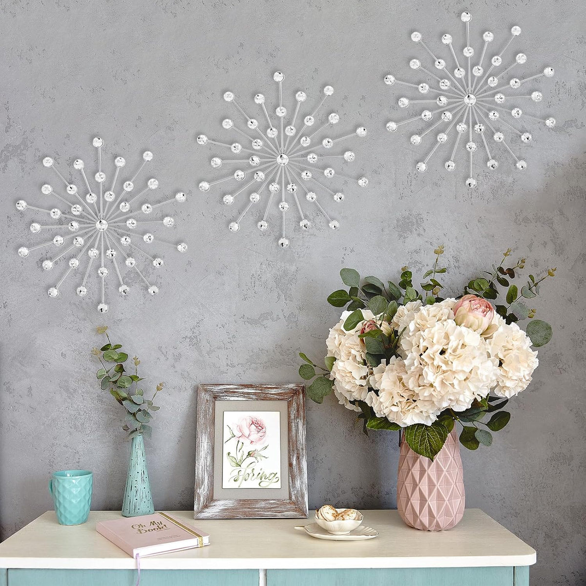 SIYIKRYP Set of 3 Crystal Sunburst Wall Decor – 11.8" Silver Metal Wall Art with Rhinestone Accents – Modern 3D Starburst Hanging Ornaments for Living Room, Bedroom, Office