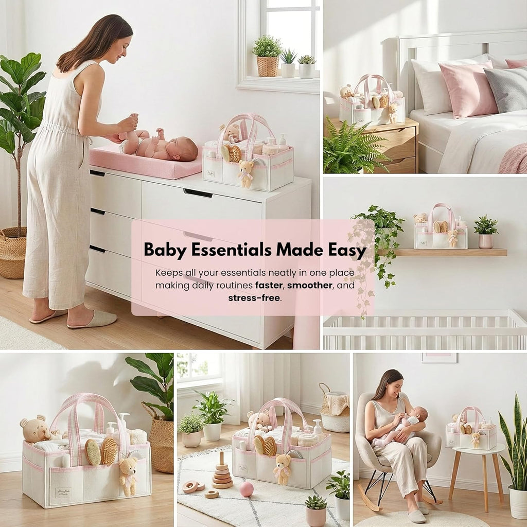 PeraBella Baby Diaper Caddy Organizer, Baby Basket Shower Gift Caddy, Portable Felt Changing Table Basket, Nursery Storage Bin, Newborn Boy and Girl Essentials for Registry, Car Diaper Organizer