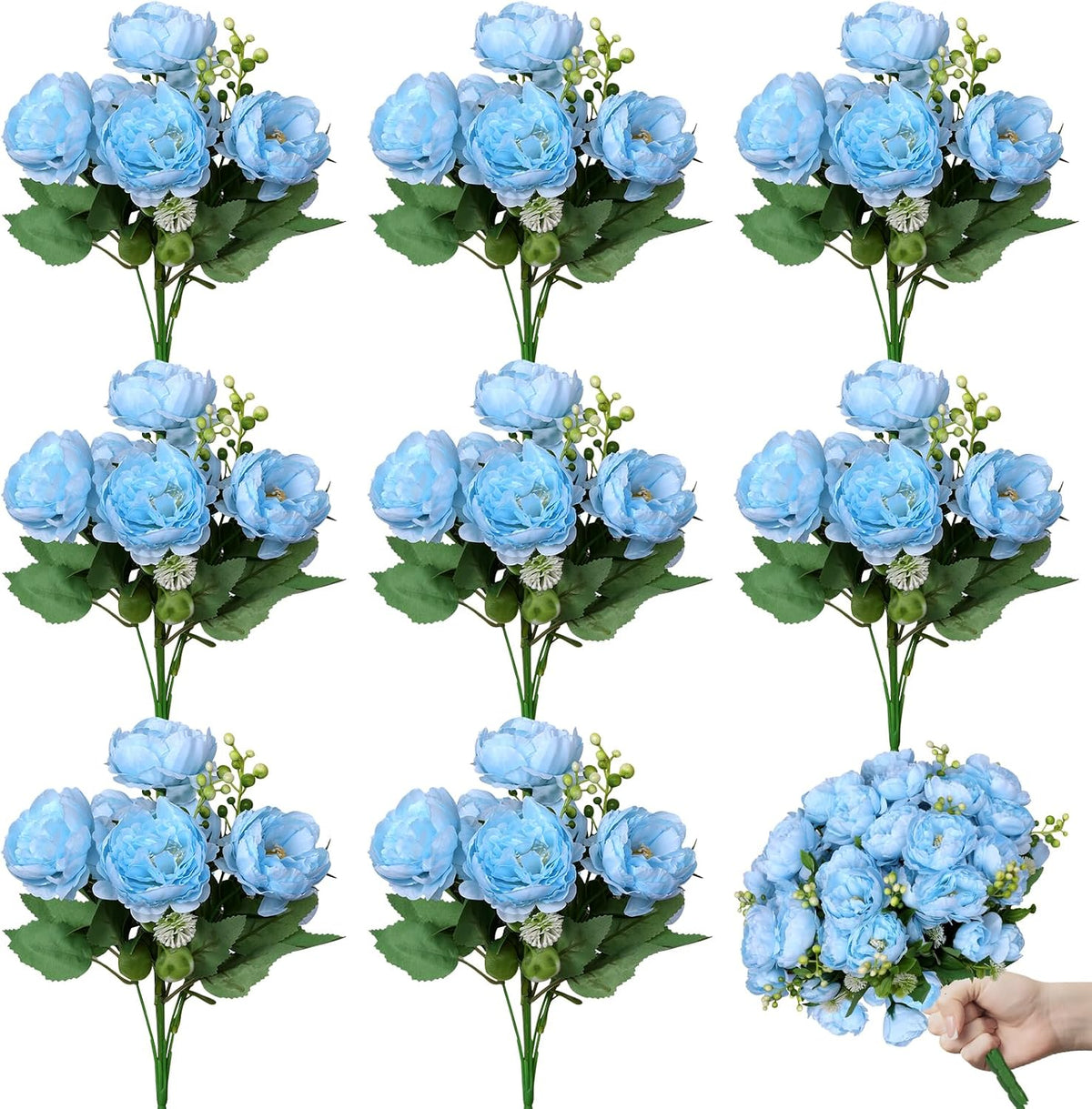 8 Bundles Peonies Artificial Flowers Blue Fake Silk Peonies Bouquet Faux Peonies Flowers Bulk for Home Decoration Vase Florals Arrangements Wedding Party Table Centerpiece