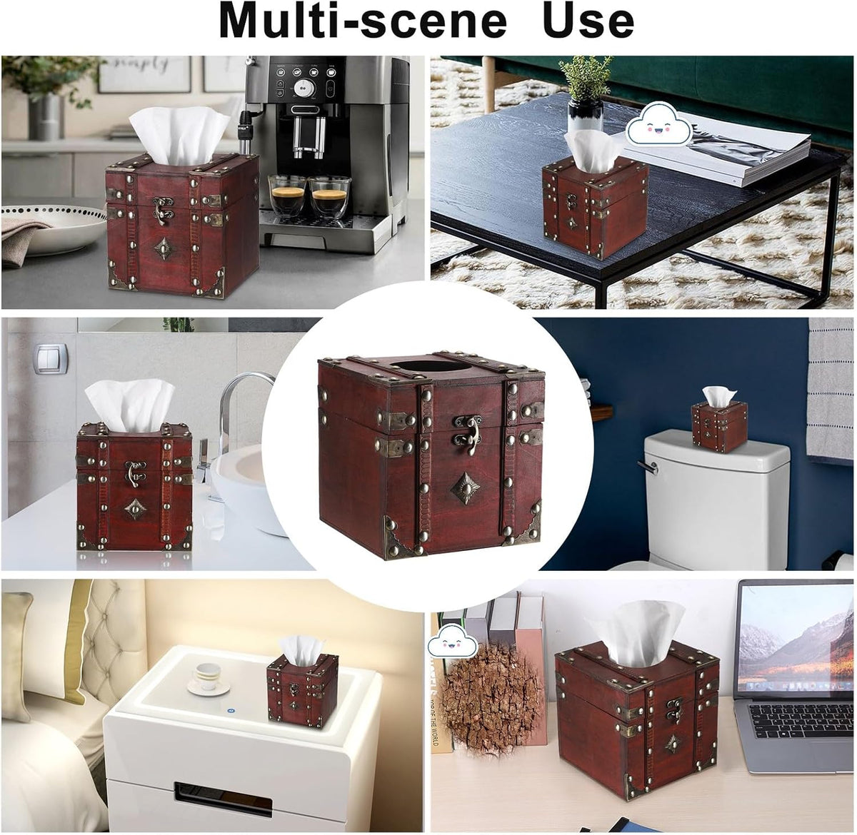Sumnacon Tissue Box Retro Wood Square Tissue Box Cover Vintage Cube Tissue Box Holder,Decorative Tissue Holder for Bedroom Bathroom Toilet Table Desk Car Store Office Home,Red