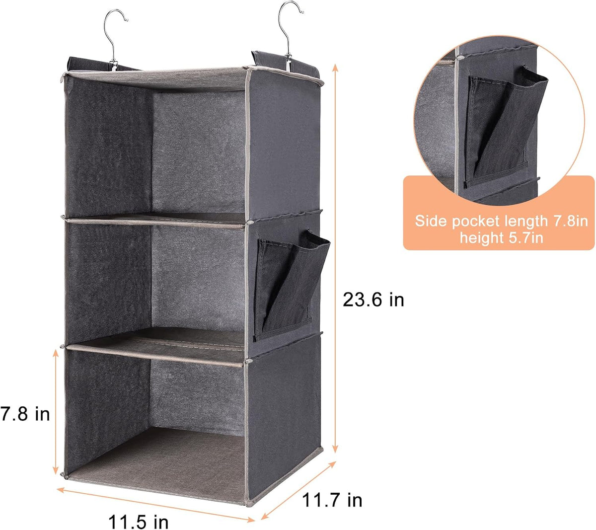 Hanging Closet Organizer and Shelves,3 Shelves with 1 Side Pockets (Grey)