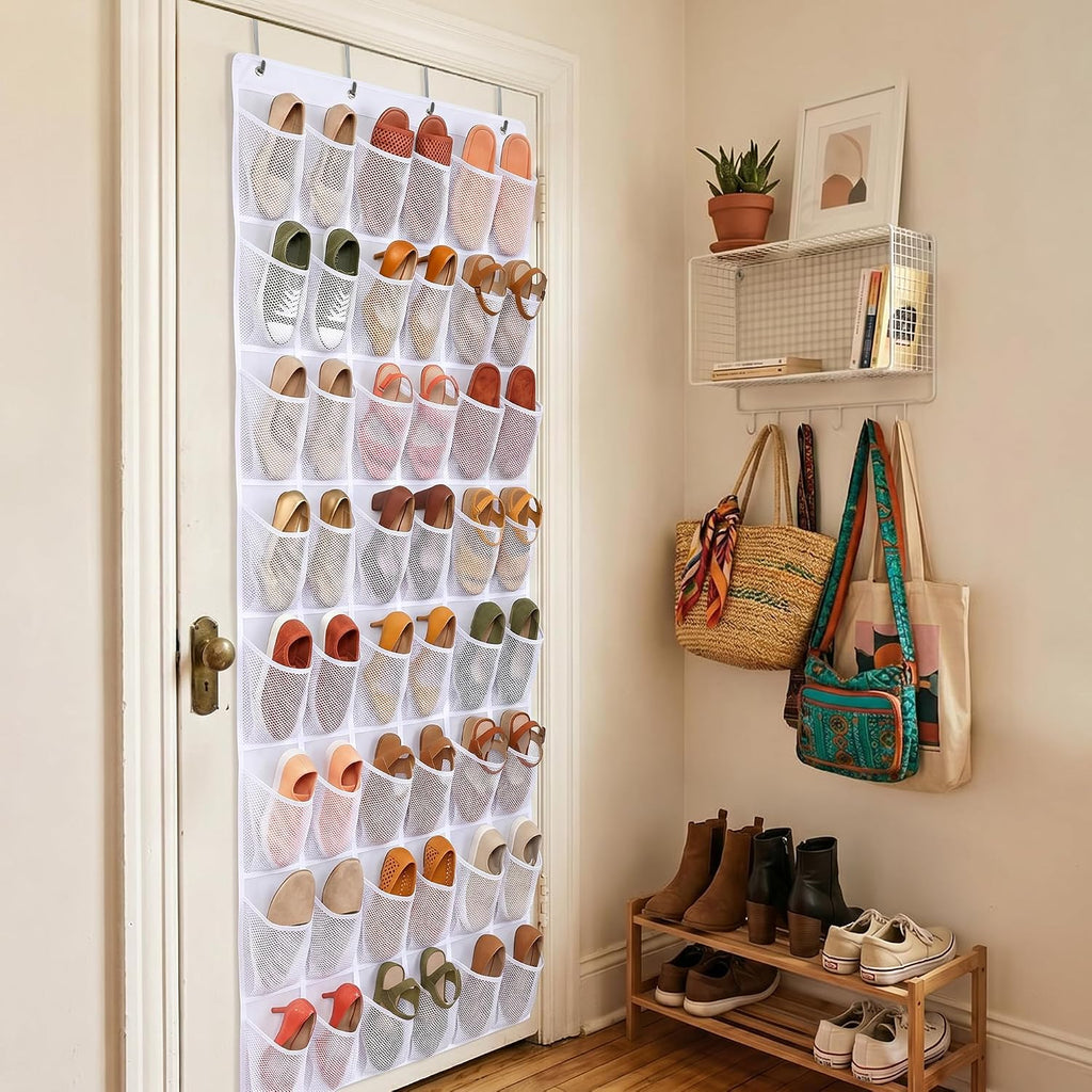 48 Pockets Over the Door Shoe Organizer, Fits Women's Shoes Up to US Size 9, 6-Column Heavy Duty Shoe Storage for Sneakers & Heels, Mesh Hanging Rack for Entryway, Bedroom & Dorm, White