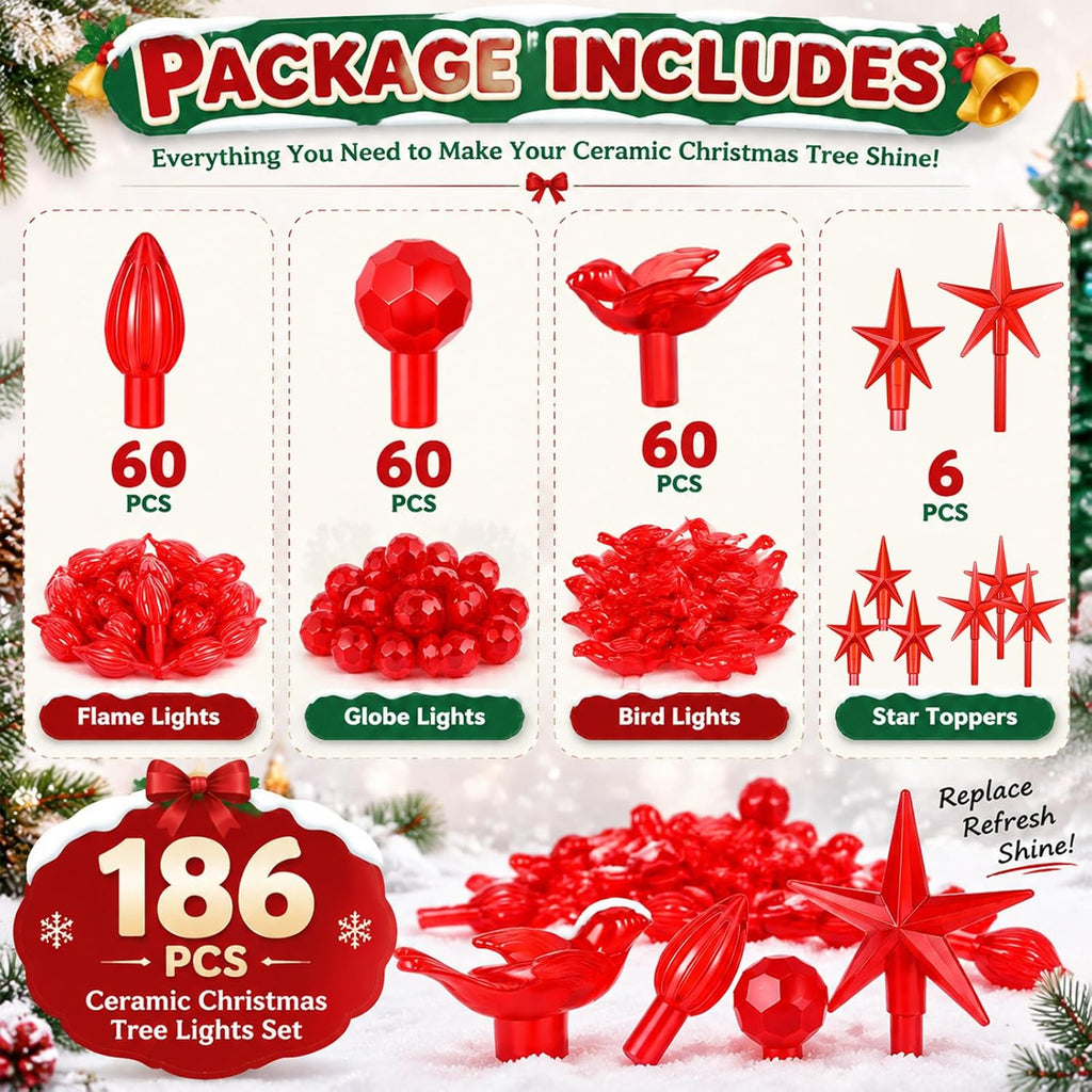 186 Pcs Ceramic Christmas Tree Replacement Lights Set, Red Color, Stylish