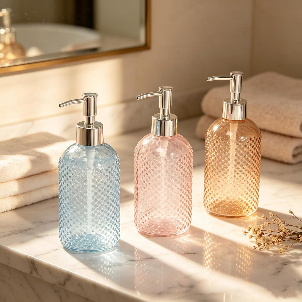 3 Pack Assorted Glass 15 Ounce Lotion Soap Dispenser Bottle with Pump for Bathroom, Kitchen