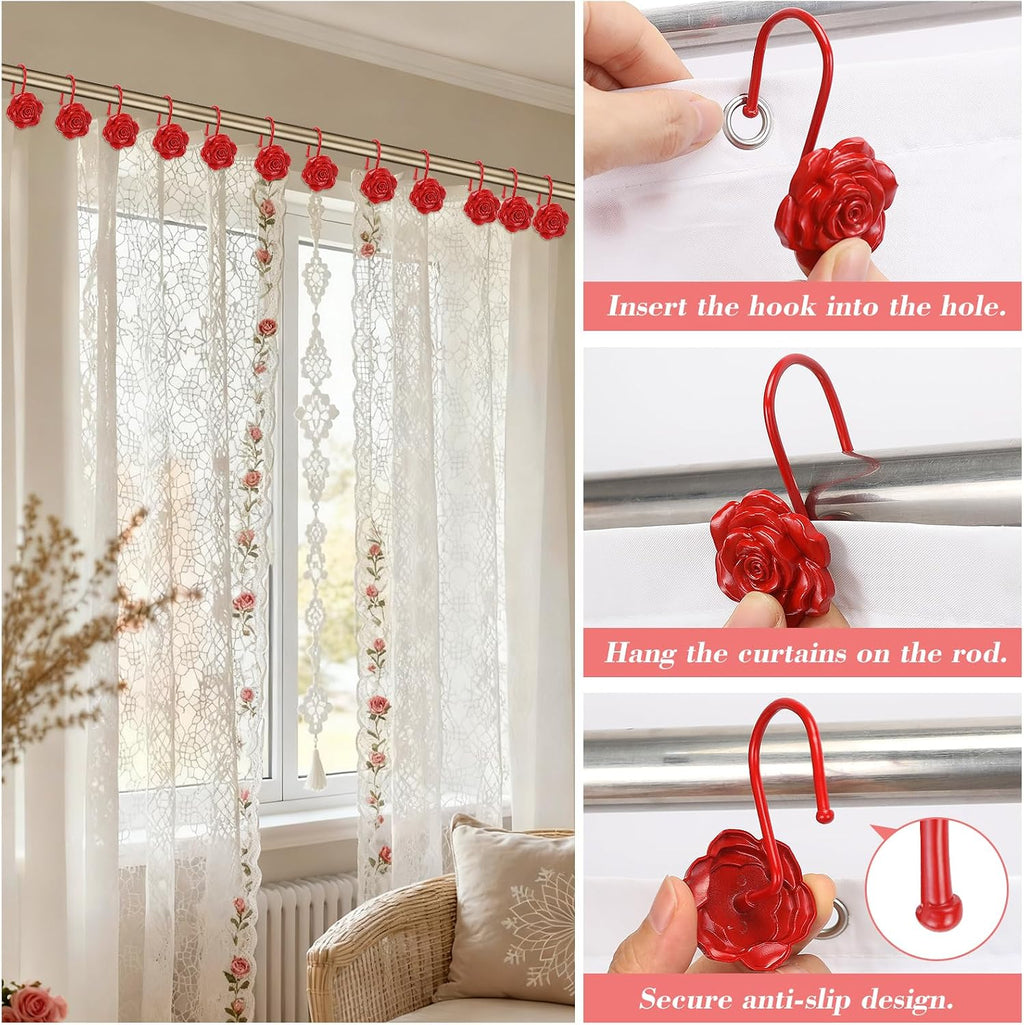 Metal Rose Shower Curtain Hooks, Rust-Resistant Hooks for Shower Curtain Rods, Set of 12, Beautiful Floral Rose Design Bathroom Decoration Hooks (Red)