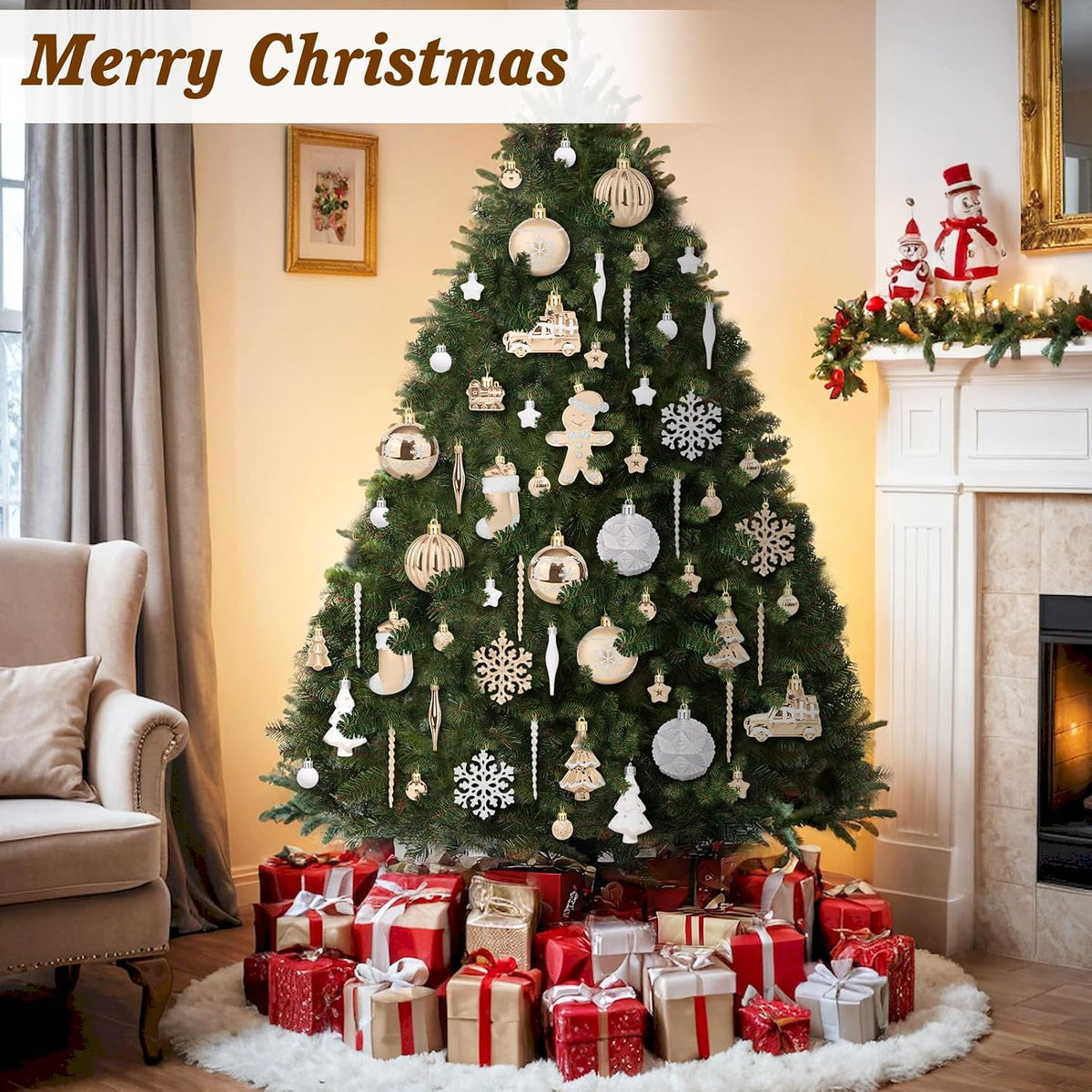 FestiveBliss Christmas Ornaments 71 Count, Champagne & White