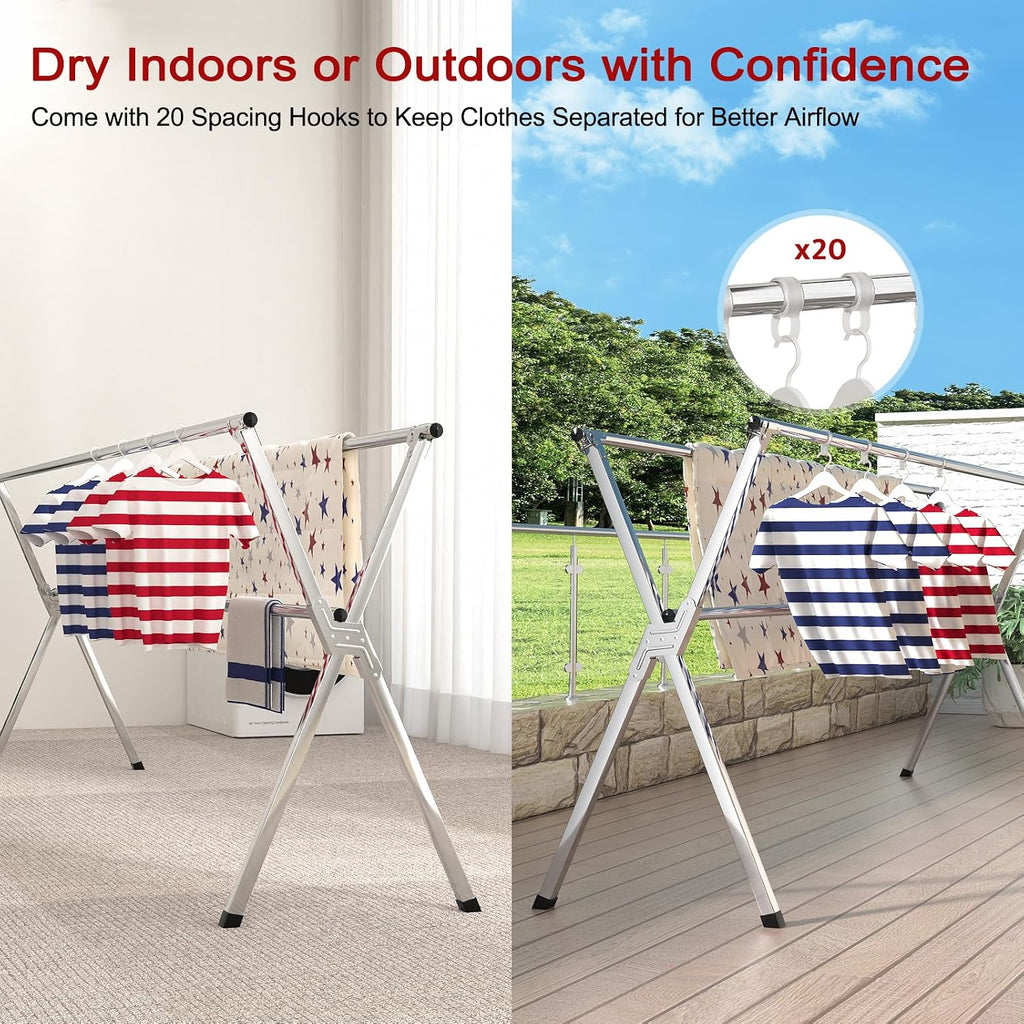 Clothes Drying Rack, Heavy-Duty Folding Laundry Drying Rack for Indoor Outdoor Use, 50.4-78.7" Extendable Stainless Steel, Space-Saving Design, Foldable Freestanding Airer