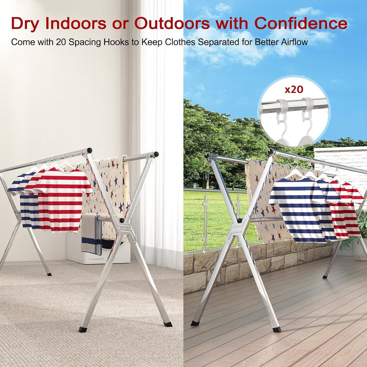 Clothes Drying Rack, Heavy-Duty Folding Laundry Drying Rack for Indoor Outdoor Use, 50.4-78.7" Extendable Stainless Steel, Space-Saving Design, Foldable Freestanding Airer