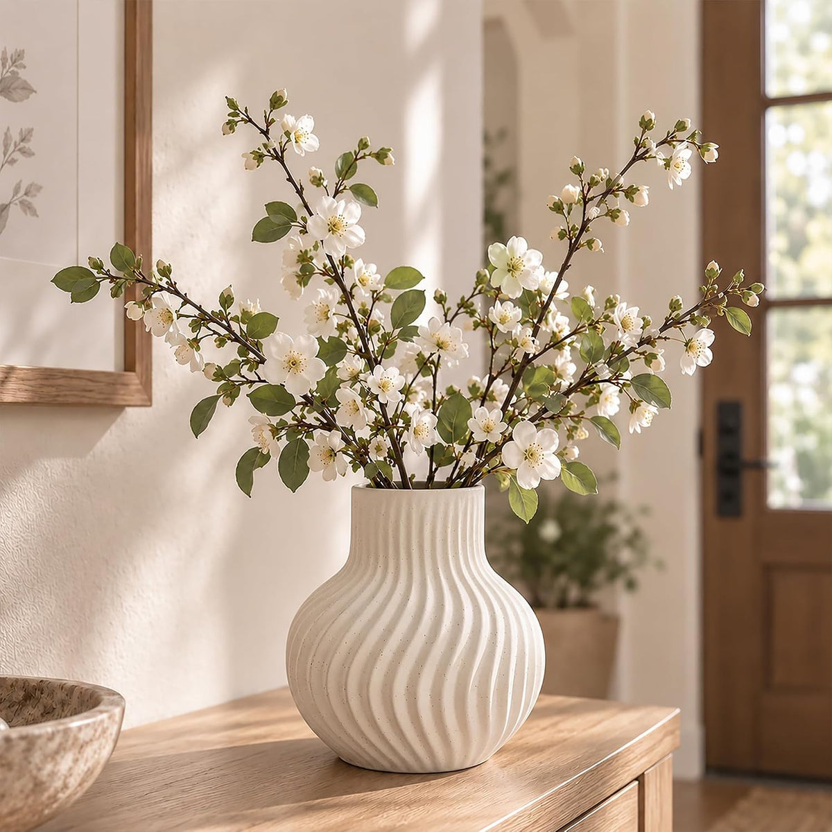 White Ceramic Flower Vase, Modern Ribbed Flower Vase for Pampas Grass