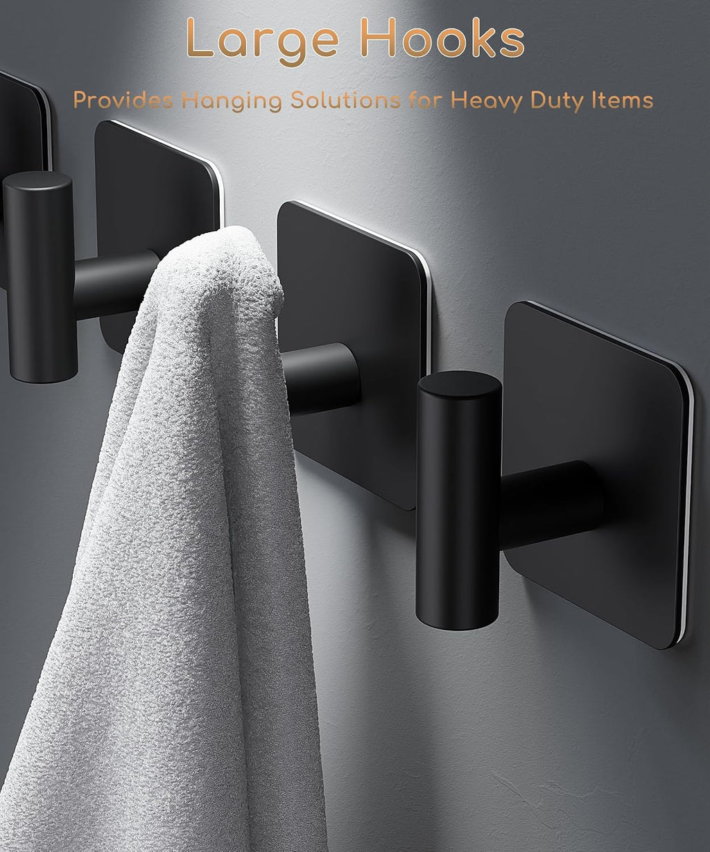 Aikzik 4 Pack Large Heavy Duty Wall Hooks - 26lb Max, Stainless Steel Adhesive Towel Hook, Shower Hooks for Hanging Towel, Coat, Robe, Wall Hook for Use in Bathroom, Kitchen and Door, Matte Black