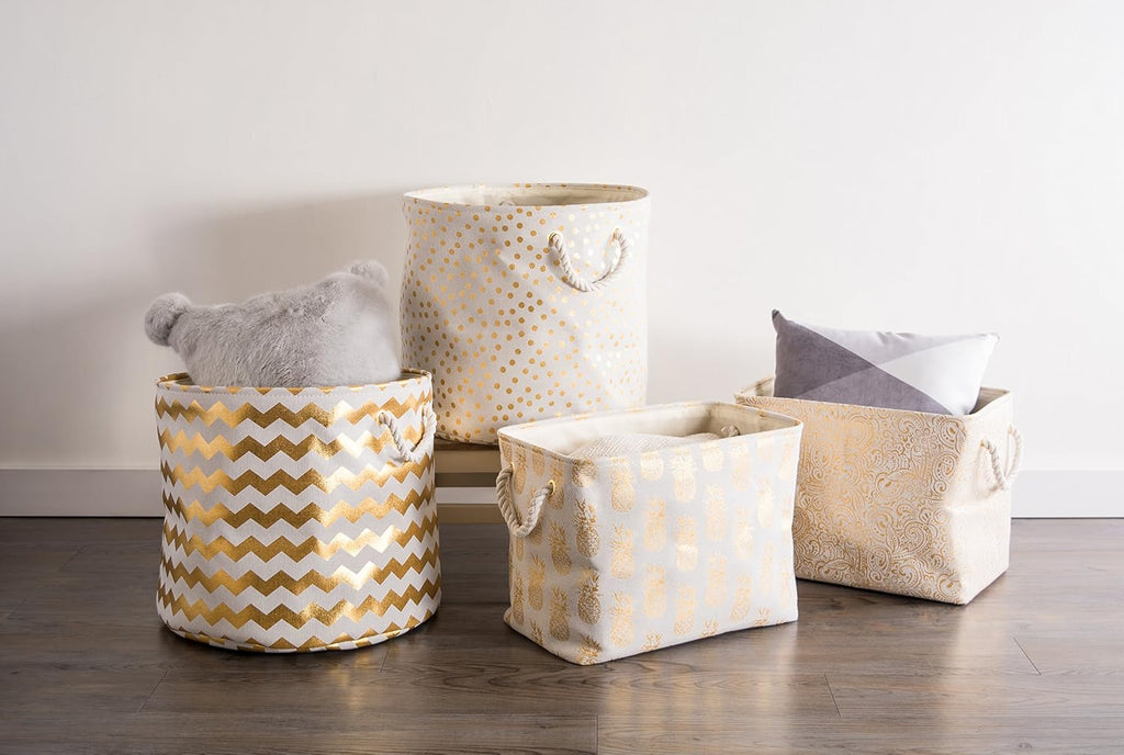 DII Polyester Storage Bin, Gold Metallic Collection Collapsible with Handles, Large Round, Pineapple
